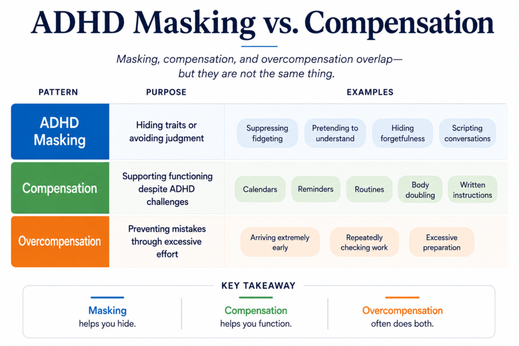 ADHD masking vs. compensation infographic showing the differences between masking ADHD symptoms, compensation strategies, and overcompensation, including their purposes and common real-life examples.