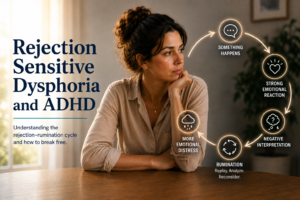 Rejection Sensitive Dysphoria and ADHD illustration showing a woman experiencing rejection sensitivity and the rejection-rumination cycle.
