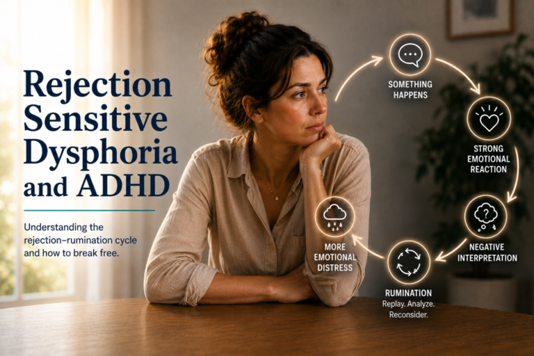 Rejection Sensitive Dysphoria and ADHD illustration showing a woman experiencing rejection sensitivity and the rejection-rumination cycle.