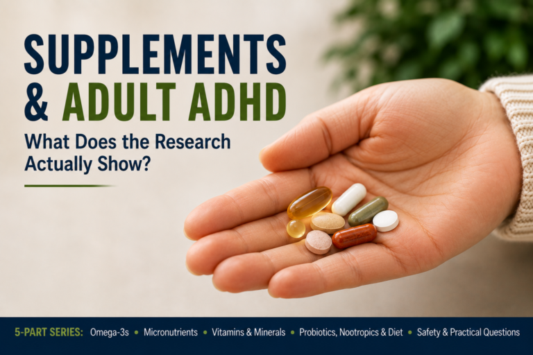 Woman’s hand holding assorted supplements for adult ADHD, including omega-3, vitamins, minerals, and capsules.