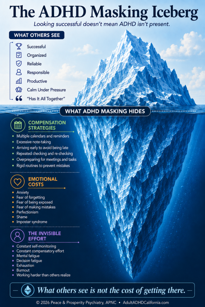 ADHD masking iceberg infographic showing how adults with ADHD may appear successful, organized, and productive while hiding compensation strategies, emotional costs, and the invisible effort required to manage symptoms.