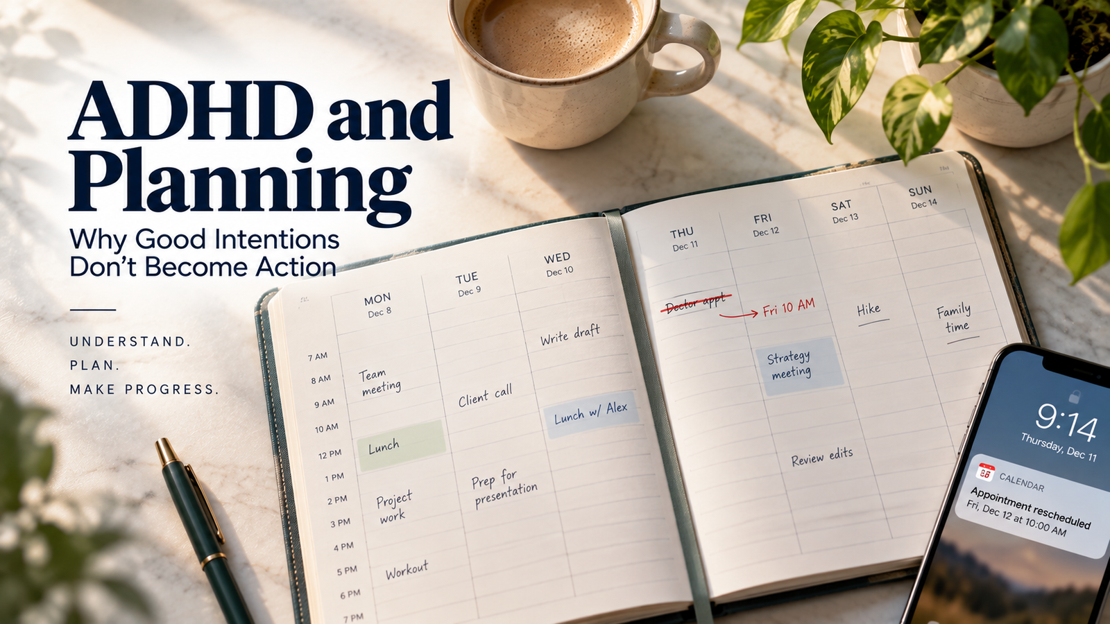 ADHD and planning illustration showing a weekly planner with an appointment crossed out and rescheduled after plans change.