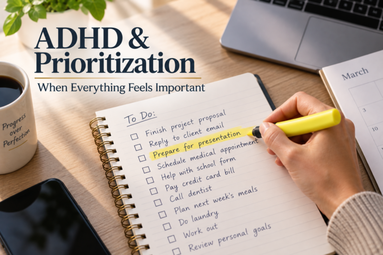 ADHD and prioritization illustrated by a handwritten to-do list with one important task highlighted in yellow.